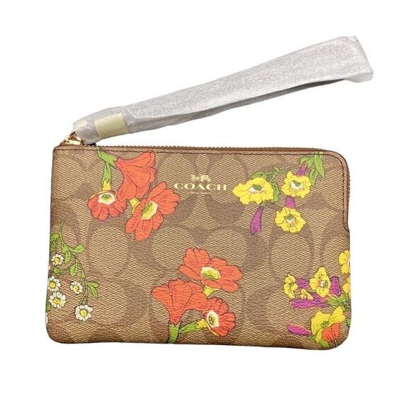 Corner Zip Wristlet In Signature Canvas With Floral Print Wallet Bag Purse - Picture 1 of 10